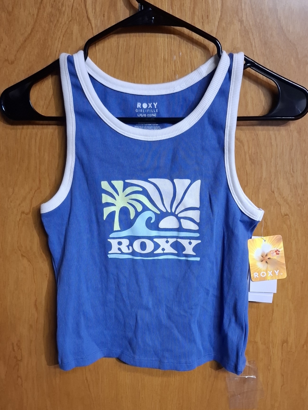 Roxy Blue Tank Top with White Trim and Pastel Graphic